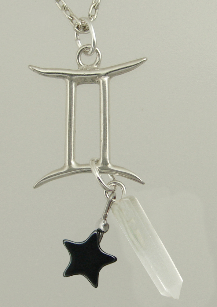 Sterling Silver Gemini Pendant Necklace With an Clear Crystal And a Black Onyx Star